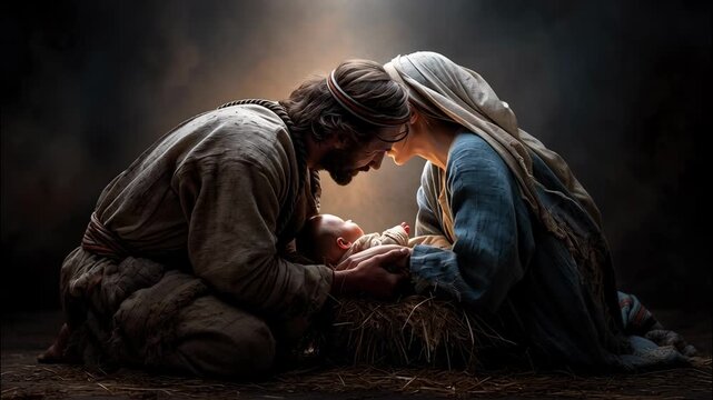 Joseph kneeling mary and and admiring newborn jesus lying in a manger, with light shining down on them video 4k