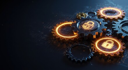 Abstract financial security, interlocking gears, glowing, conceptual.