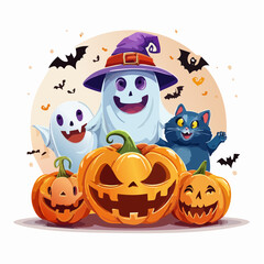 Happy Halloween with a pumpkin monster and a funny ghost