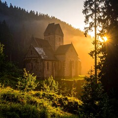 Ancient church bathed in golden sunrise