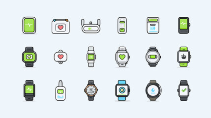 Flat Vector Icon Set of Wearable Biosensor Devices Including Smartwatches, Patches, and Body Trackers