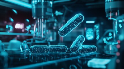 A futuristic lab scene with glowing capsules floating in mid-air next to advanced equipment solid dark tech background blending science innovation and modern healthcare