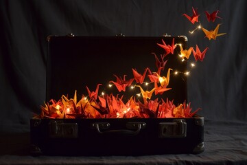Illuminated Origami Cranes Emerging from a Vintage Suitcase