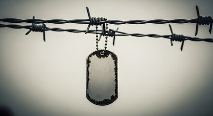 Military dog tag hanging on barbed wire. Concept of peace, war, and remembrance. Ideal for Veteran's Day, Memorial Day.