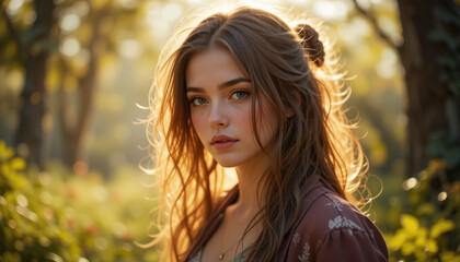 Young woman with long hair stands in sunlit forest, her expression serene and thoughtful. soft, golden light creates halo effect around her, enhancing peaceful atmosphere