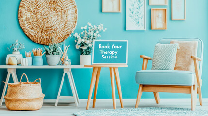 Promotional Still Life: Book Your Therapy Session with Cozy Blue Accent Room