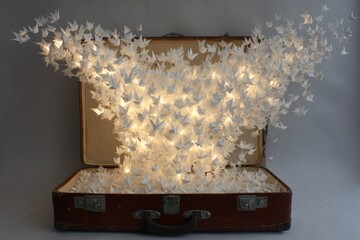 Illuminated Origami Birds Emerging from Vintage Suitcase