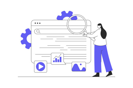 SEO analysis. Woman settings site for search engines, analyzing statistics of webpage, selecting keywords. Flat Cartoon Vector Illustration, icon. Stylish abstract design landing page
