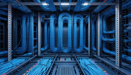Server room filled with neatly organized blue network cables creates sense of order and efficiency. cables are arranged in loops and run through racks, highlighting importance of connectivity