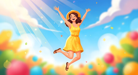 Young woman with happy expression jumping in yellow dress and hat with arms outstretched under sunny blue sky, summer celebration.