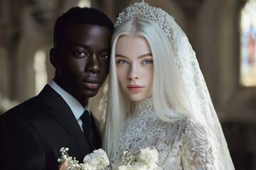 Interracial couple on their wedding day