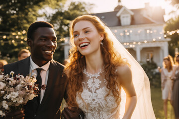 Multicultural wedding celebration. Happy bride and groom laughing outdoors