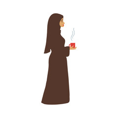Modern graphic of a woman wearing a hijab holding a cup of tea or coffee, suitable for logos, icons, social media or web design.