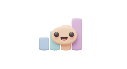 Fototapeta premium Adorable 3D character celebrates rising chart success with cheerful expression and pastel bars