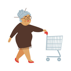 Cheerful elderly lady with a shopping cart showcases consumerism and independent living, suitable for commercial designs.