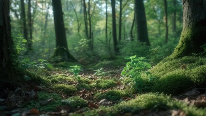 A lush, vibrant green forest floor covered in moss and foliage, with sunlight filtering through the trees creating a serene atmosphere. Concept of untouched nature and peaceful environment