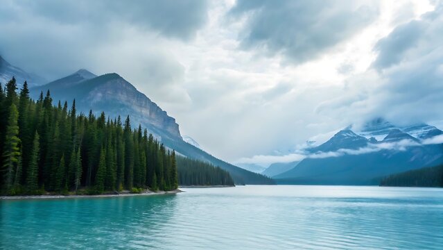 Serene mountain lake with evergreen forest under cloudy skies