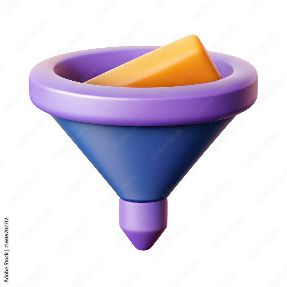 Poster stylized 3d funnel with orange wedge element inside for data processing and sorting concepts isolate