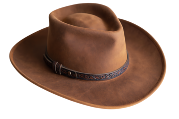 Classic brown cowboy hat with decorative band isolated on transparent background