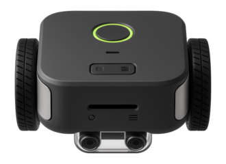 Coding bot with a rectangular chassis and color sensors for line-following programming activities