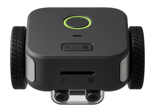 Coding bot with a rectangular chassis and color sensors for line-following programming activities