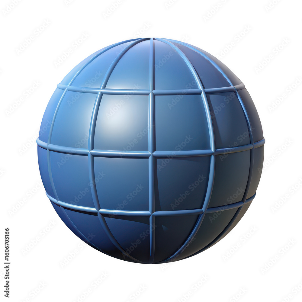 Poster a stylized blue sphere with a grid pattern representing a planet or globe isolated on transparent ba