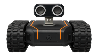 Robotics kit featuring tracked platform and ultrasonic distance sensor for terrain navigation