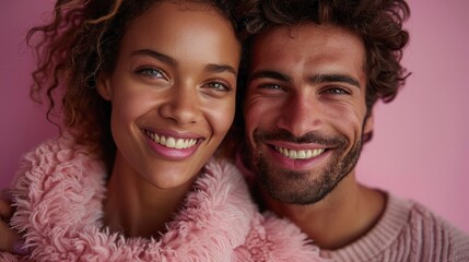 Smiling couple portrait, light-skinned woman and man. Pink background. Fuzzy sweater