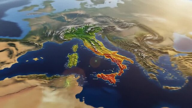 Dynamic 3D Geographic Map of Italy with Topographic Relief and Sun Flare, Highlighting European Landscape