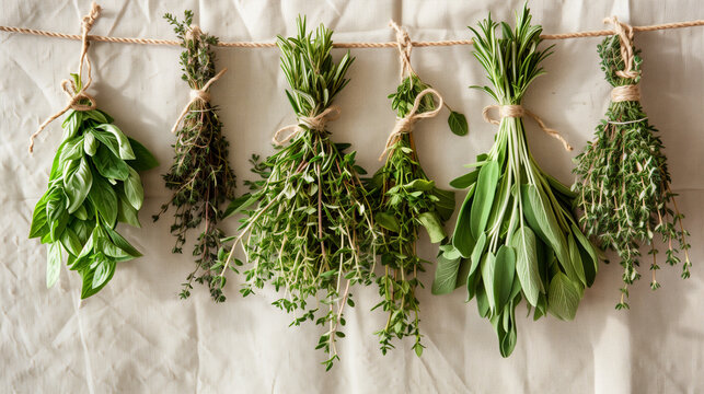Fresh Herbs Hanging Upside Down Against Linen Fabric Background