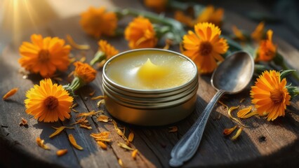 A small metal tin of yellow balm, a spoon, and fresh calendula flowers with petals on a rustic wooden surface in warm sunlight. Concept of natural skincare and herbal remedies