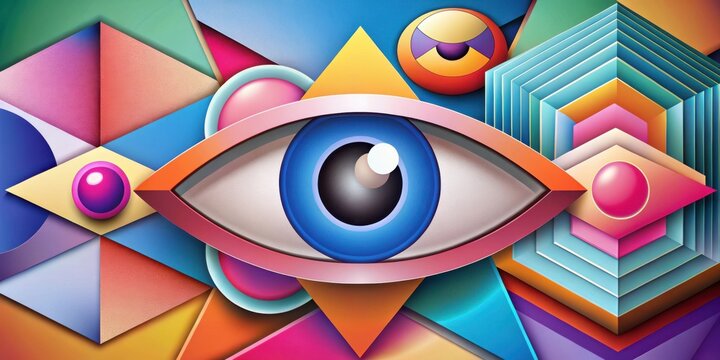 Surreal eye symbol with geometric shapes and vibrant colors in a psychedelic pattern