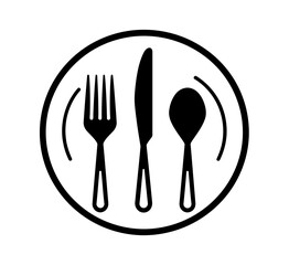 Black and white cutlery graphic displaying dining utensils: a fork, knife, and spoon on a plate suitable for menu designs.