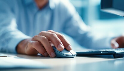 A man using a computer. The businessman or customer is looking for data information in the internet network to find, with the man's hand holding a mouse button at an office desk background.