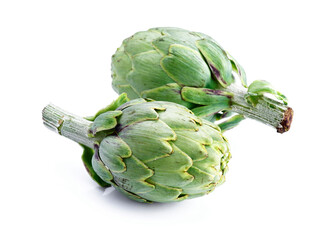 Two fresh artichokes resting on white background