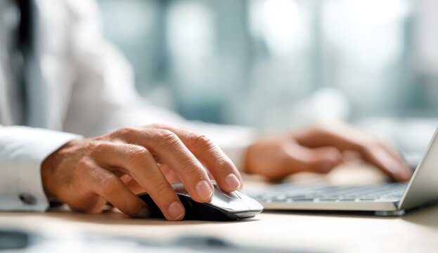 A man using a computer. The businessman or customer is looking for data information in the internet network to find, with the man's hand holding a mouse button at an office desk background.