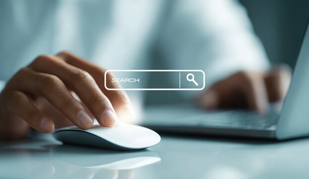 Close-up of person clicking computer mouse with virtual search bar overlay, representing internet browsing, SEO, and digital research.