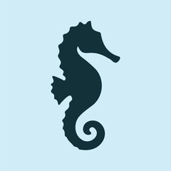 Silhouette of seahorse A stylized, dark blue seahorse silhouette is depicted, showcasing its distinctive curved body and tail.