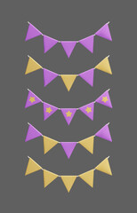 Purple and yellow holiday flag garland set. 3D style realistic render of party garland bunting, festoon string, triangle shape pennant hanging banner decoration. Happy holiday surprise party 3D vector