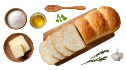 Fresh Homemade Bread: A flat lay of freshly homemade bread with slices, isolated on a Transparent background, PNG file.