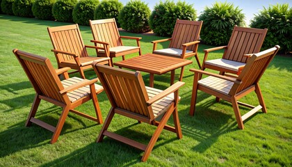 Obraz premium Wooden patio furniture set on a grassy lawn