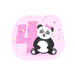 4 Birthday card with panda girl. Birthday invitation for girl 4 year. Baby shower banner with cute panda for baby banner, baby shower invitation, birthday card, social media, wallpaper, website. 