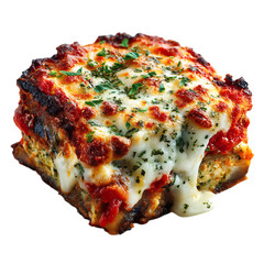 A square slice of eggplant parmesan with melted cheese and herbs on transparent background