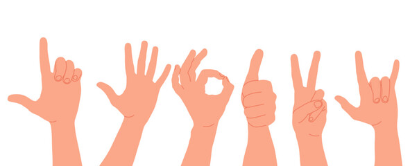 Set of different hand gesture isolated on a white background. Collection of human palms with elegant gesture.Human cartoon hand palms