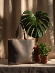 Dark beige hessian tote bag with frayed edge on linen, minimalist still life with monstera leaf and mint in terracotta pot, warm neutral tones for luxury branding

