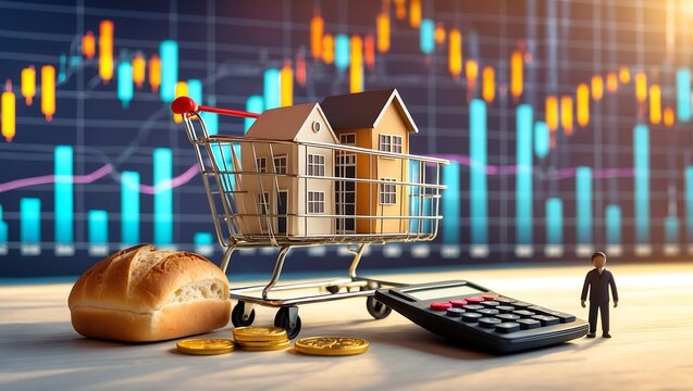 Flat lay of a shopping cart with bread, gold coin, house, calculator, and person icon on stock chart. Bright daylight, colorful tones, symbolizing inflation and economy. Ideal for finance mockups