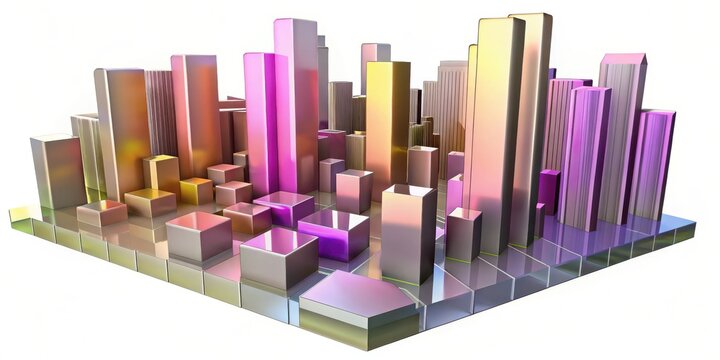 Abstract cityscape with colorful metallic skyscrapers and buildings in a geometric grid pattern - Powered by Adobe