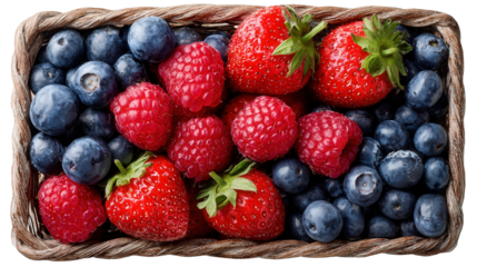 Fresh Organic Berries in Basket: A flat lay of fresh organic berries like blueberries, raspberries, and strawberries in a basket, isolated on a Transparent background, PNG file.