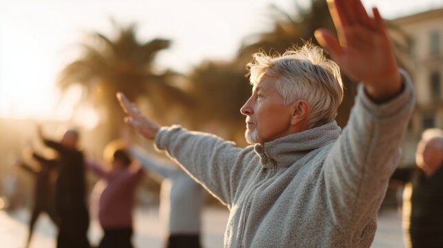 Happy senior man sitting outdoors on a yoga mat during a sunny day, practicing relaxation and mindfulness, smiling peacefully with blurred people and palm trees in the background, concept of healthy