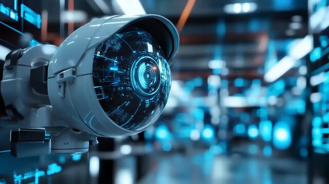 High-tech surveillance camera in a futuristic setting